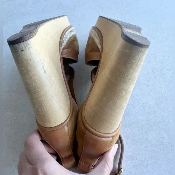 Hermes Tan Suede and Leather Wooden Wedge Ibiza Sandals size 38 - Picture 10 of 15